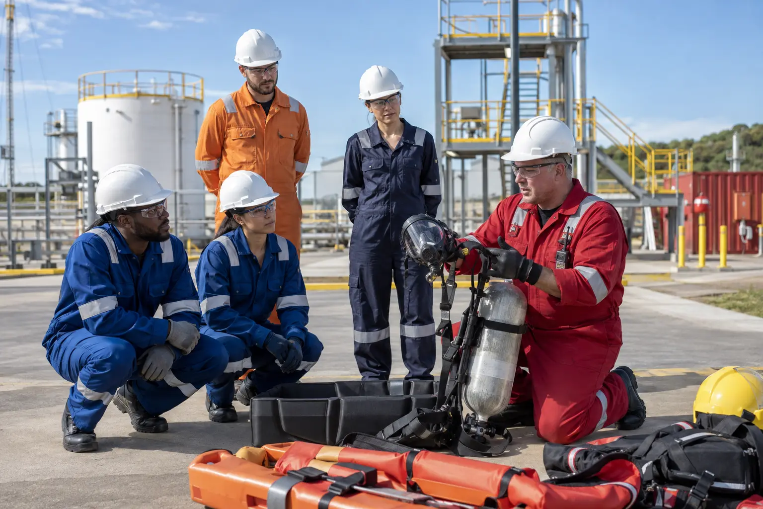 Oil and gas personnel participating in practical safety training