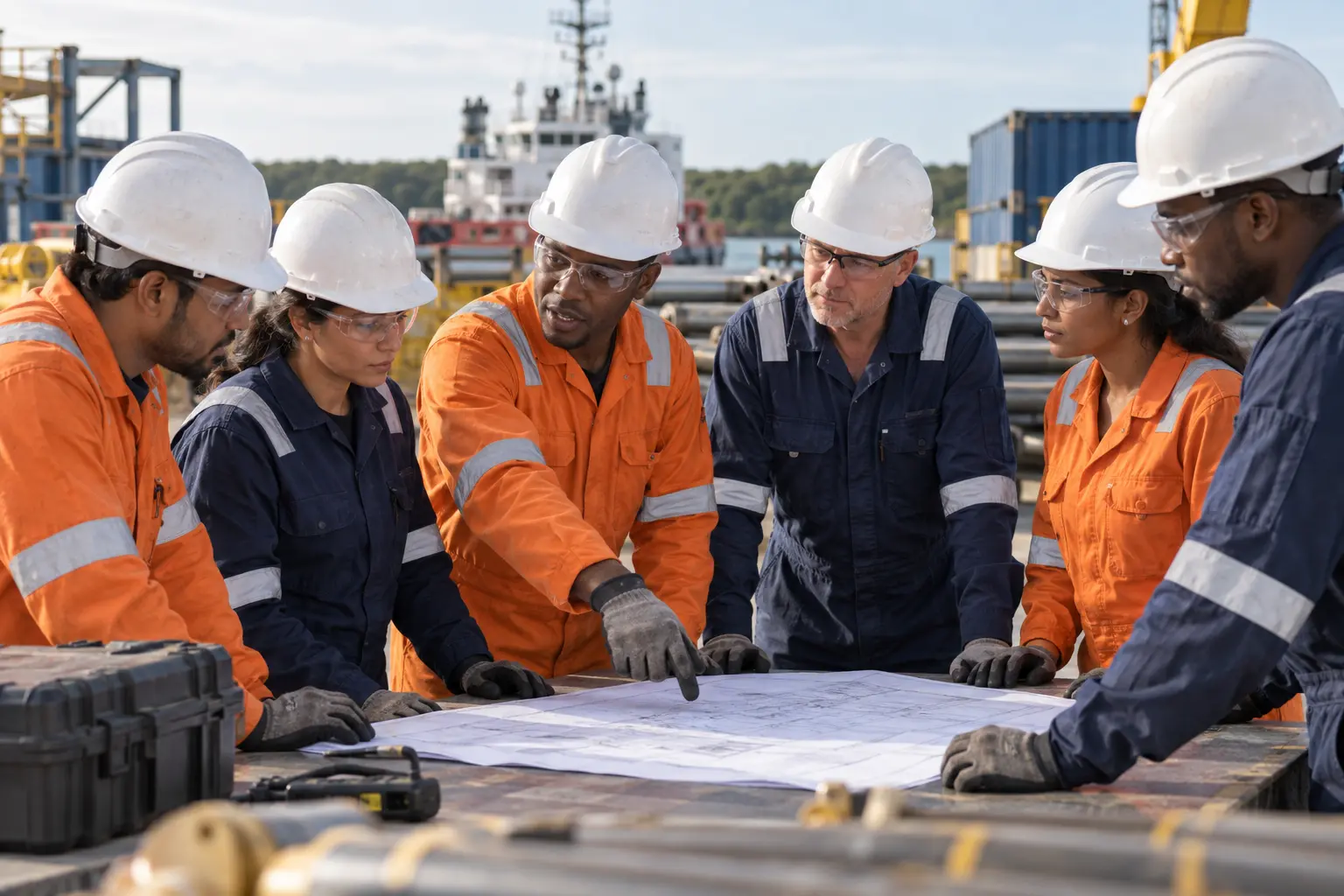 Diverse offshore team conducting a safety briefing at a shore base